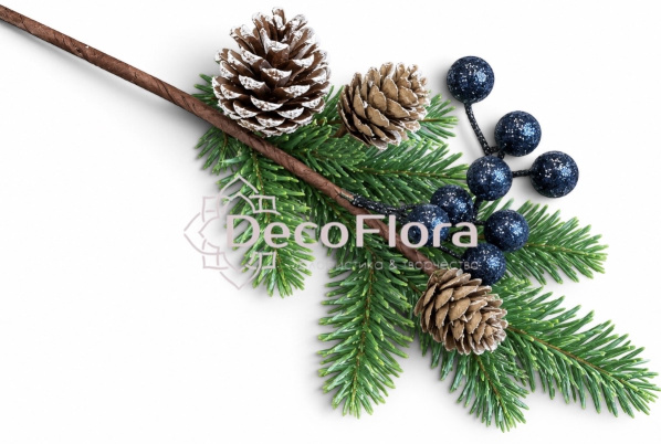 Ветка декоративная с ягодами,шишками 33см синяя/зелёная